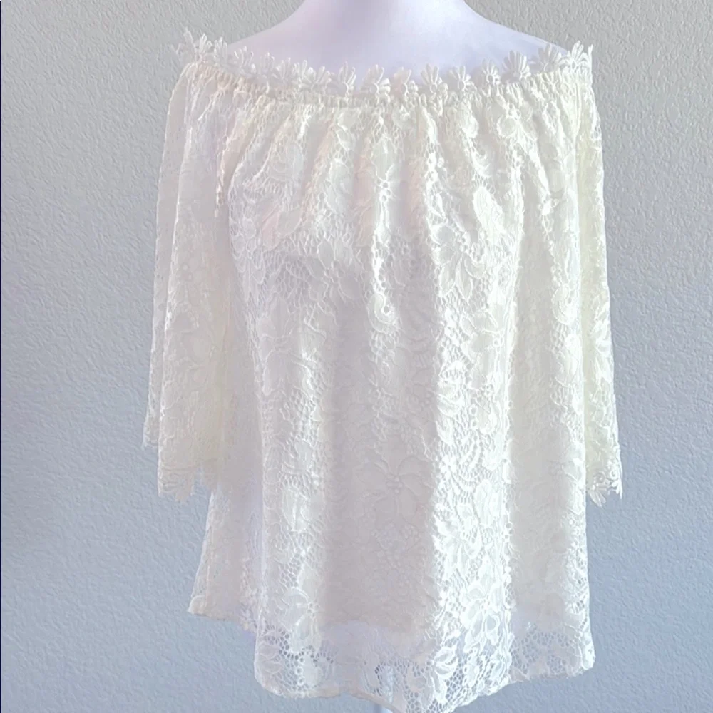 White Ruffled On/Off-Shoulder Blouse with Lace XL - Picture 3 of 6